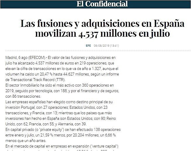 Las fusiones y adquisiciones en Espaa movilizan 4.537 millones en julio